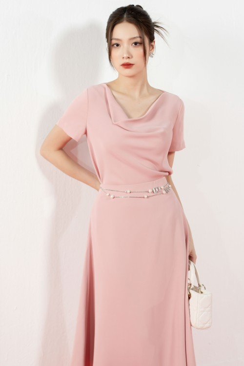 Sixdo Pink Silk Midi Skirt